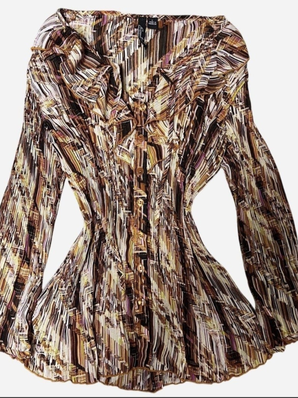 Whimsical Abstract Brown Multi-Stripe Ruffled Button-Front Blouse - Picture 1 of 5